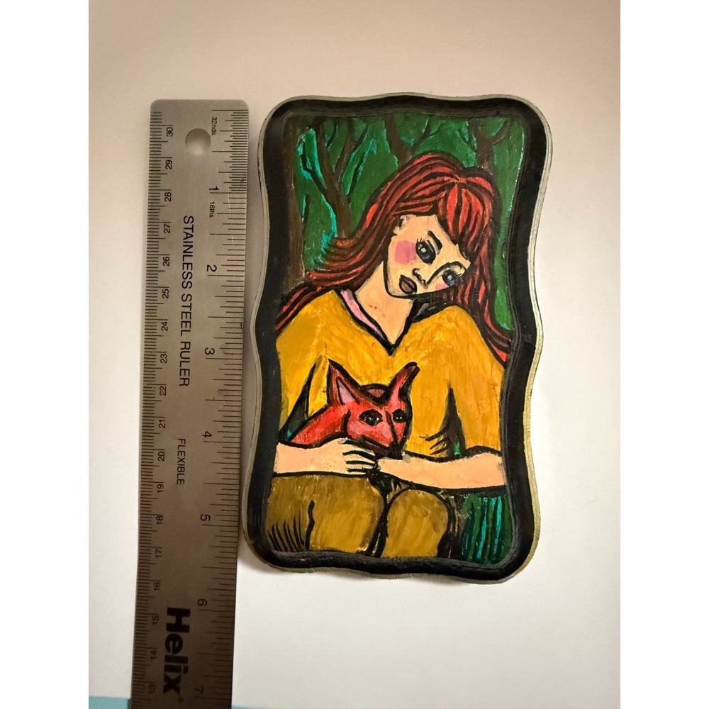 Girl with Fox - Original Painting by Janeane Wilbur on Wood 3" x 5.5" handmade - Picture 5 of 7